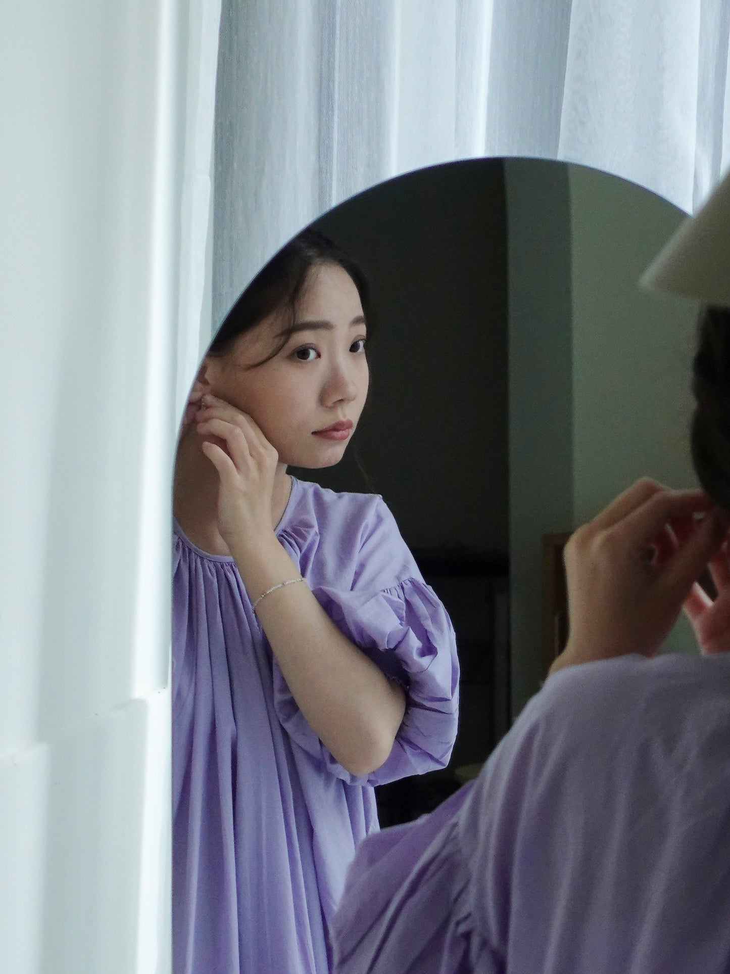 綁帶澎袖洋裝 薰衣草紫