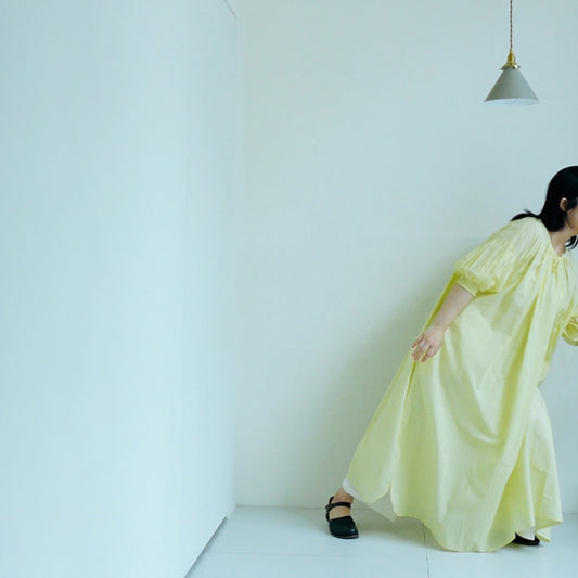 綁帶澎袖洋裝 檸檬黃