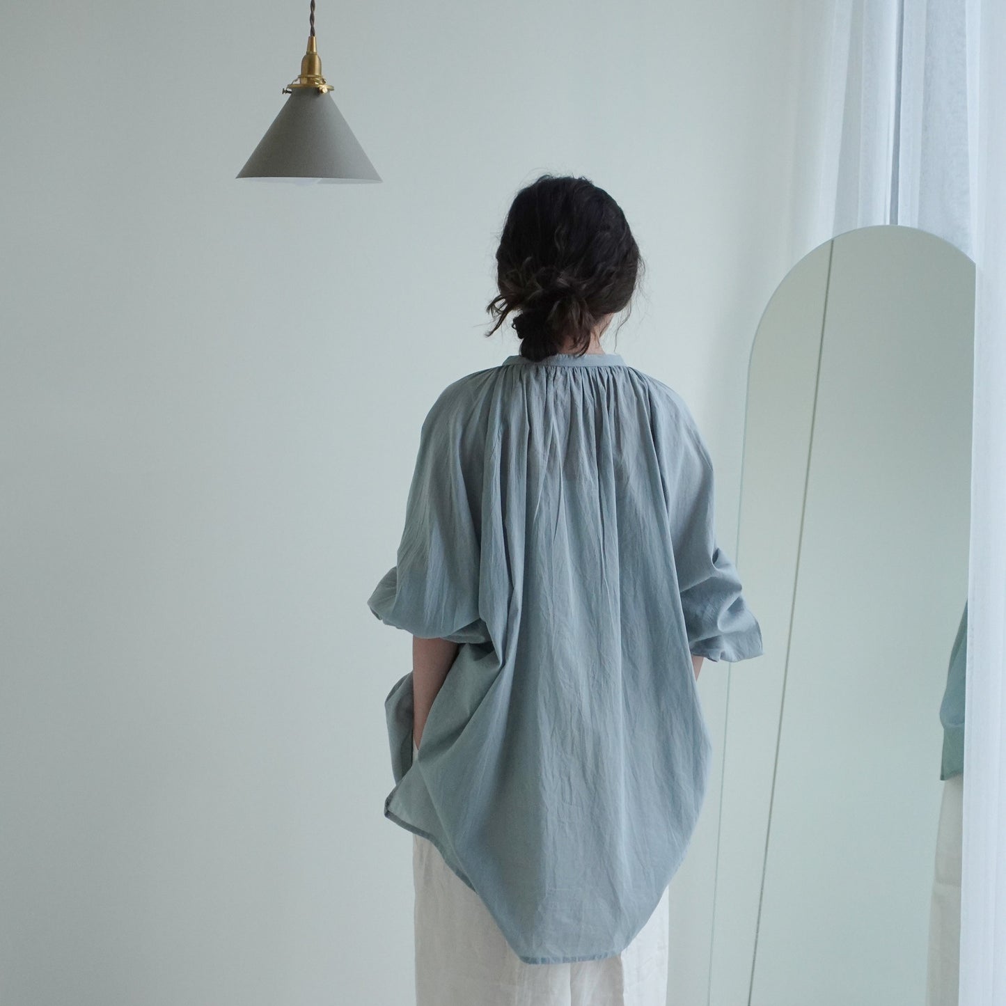 透膚澎袖襯衫 藍綠