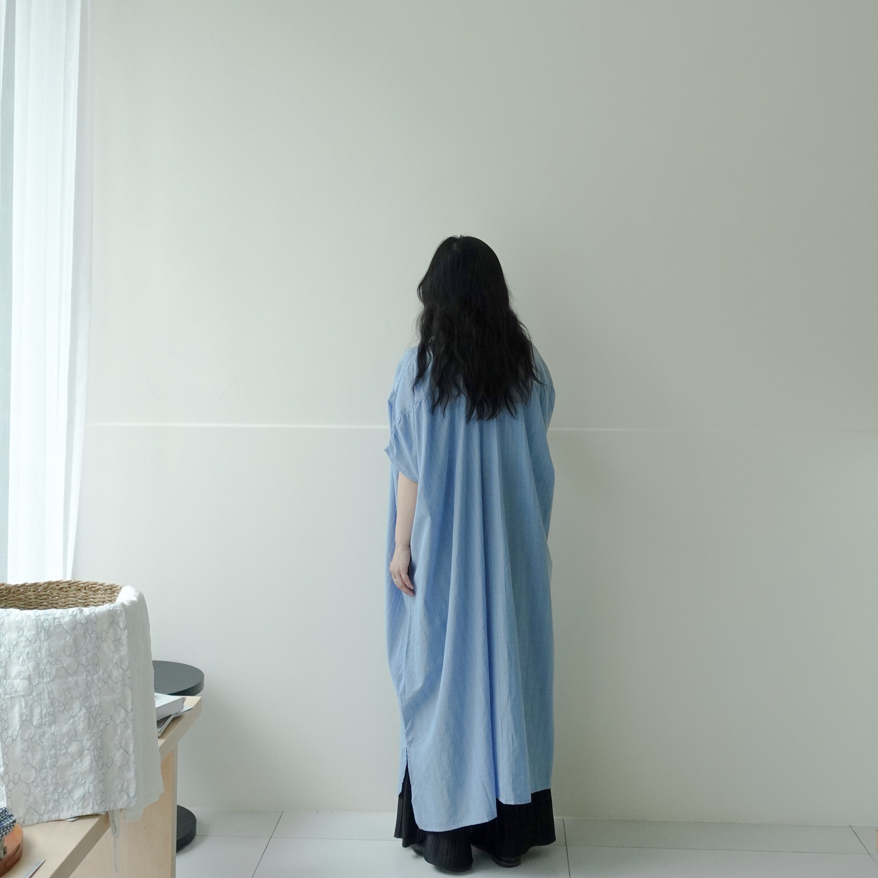 立體條紋織紋襯衫洋裝 藍