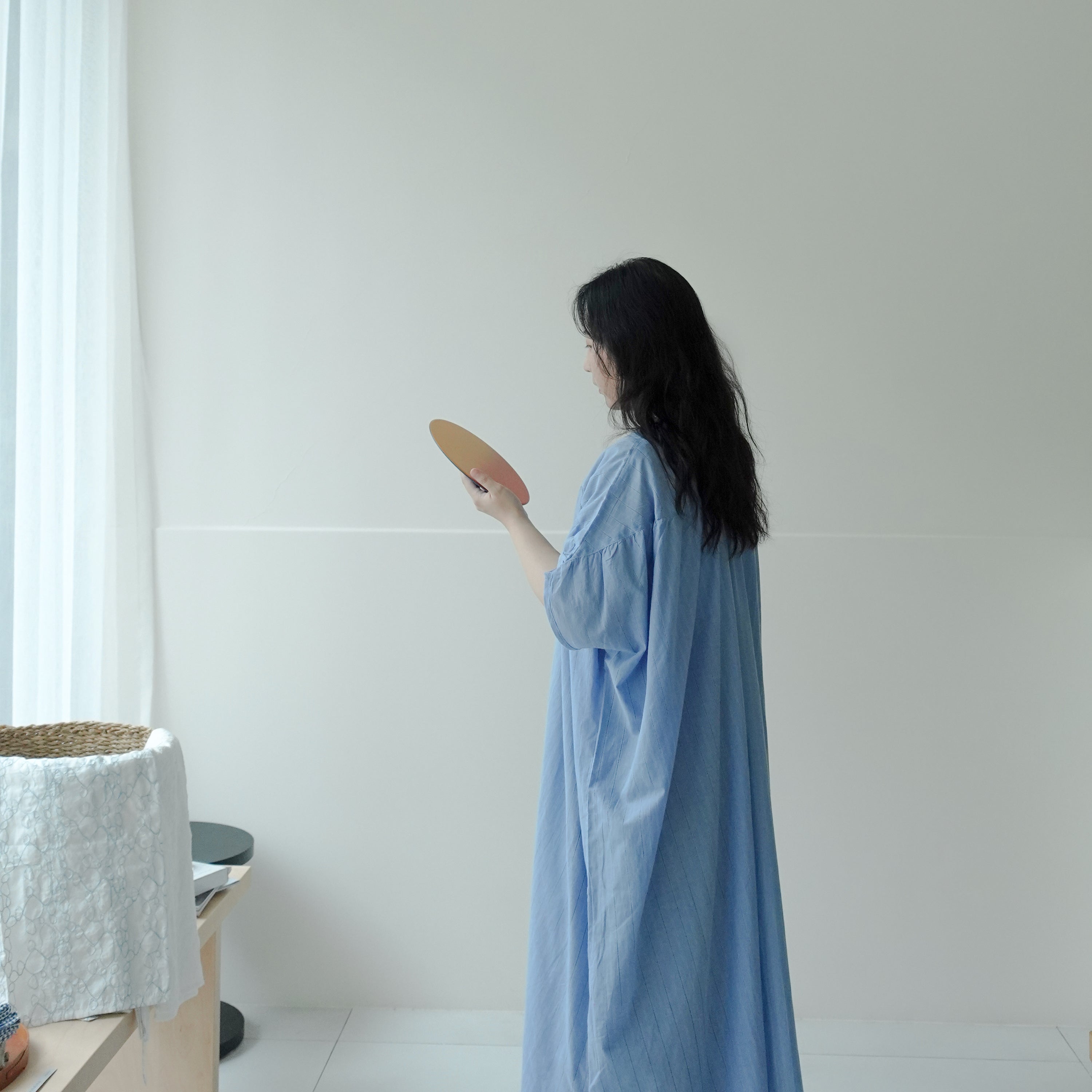 立體條紋織紋襯衫洋裝 藍