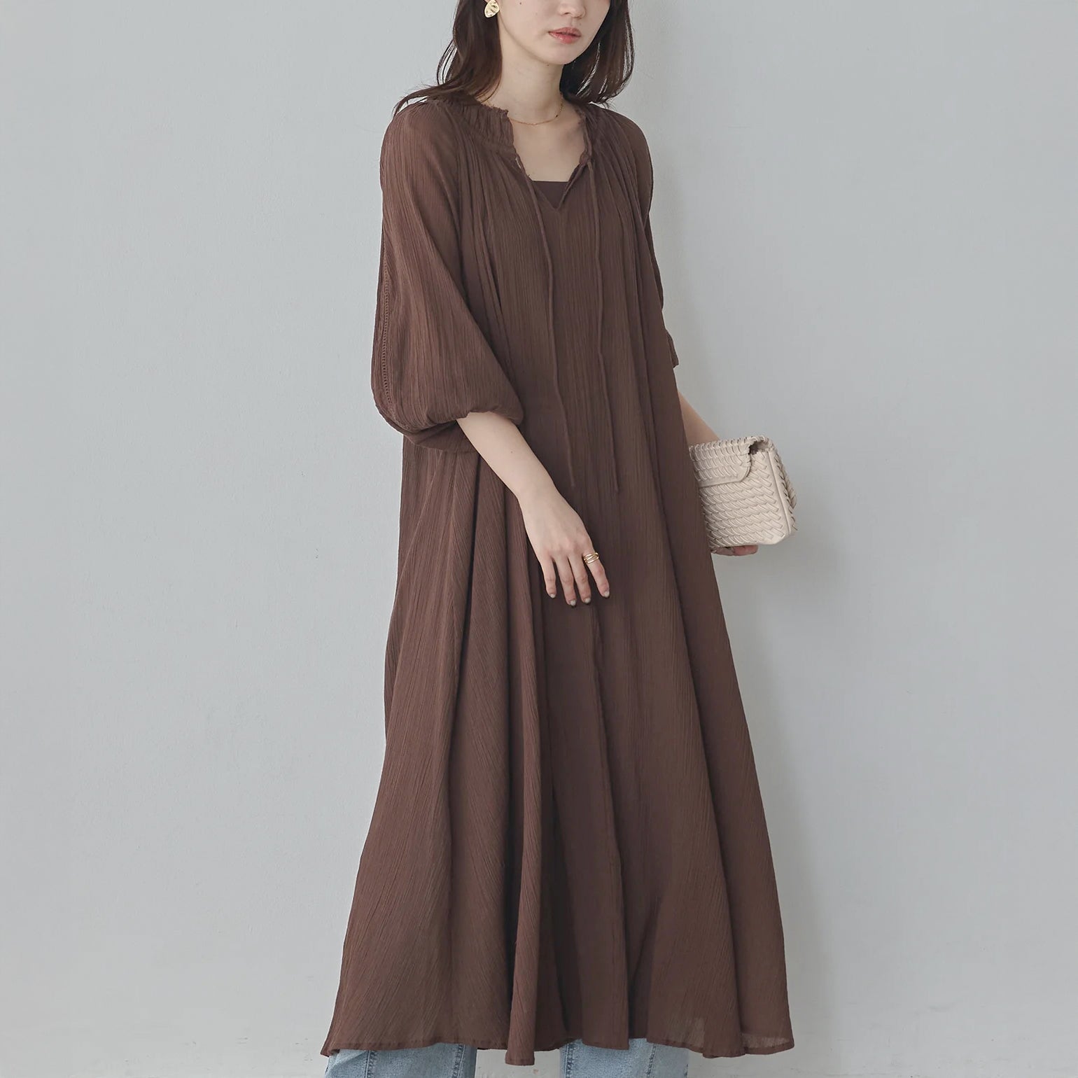 開襟抽褶領洋裝 brown