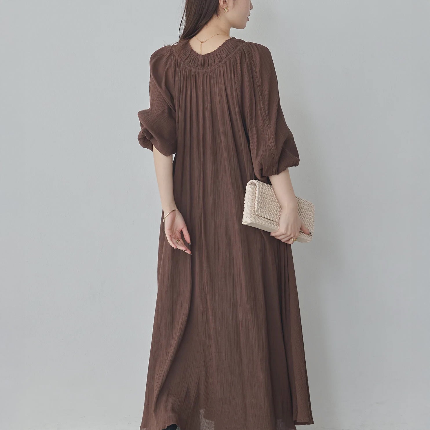 開襟抽褶領洋裝 brown
