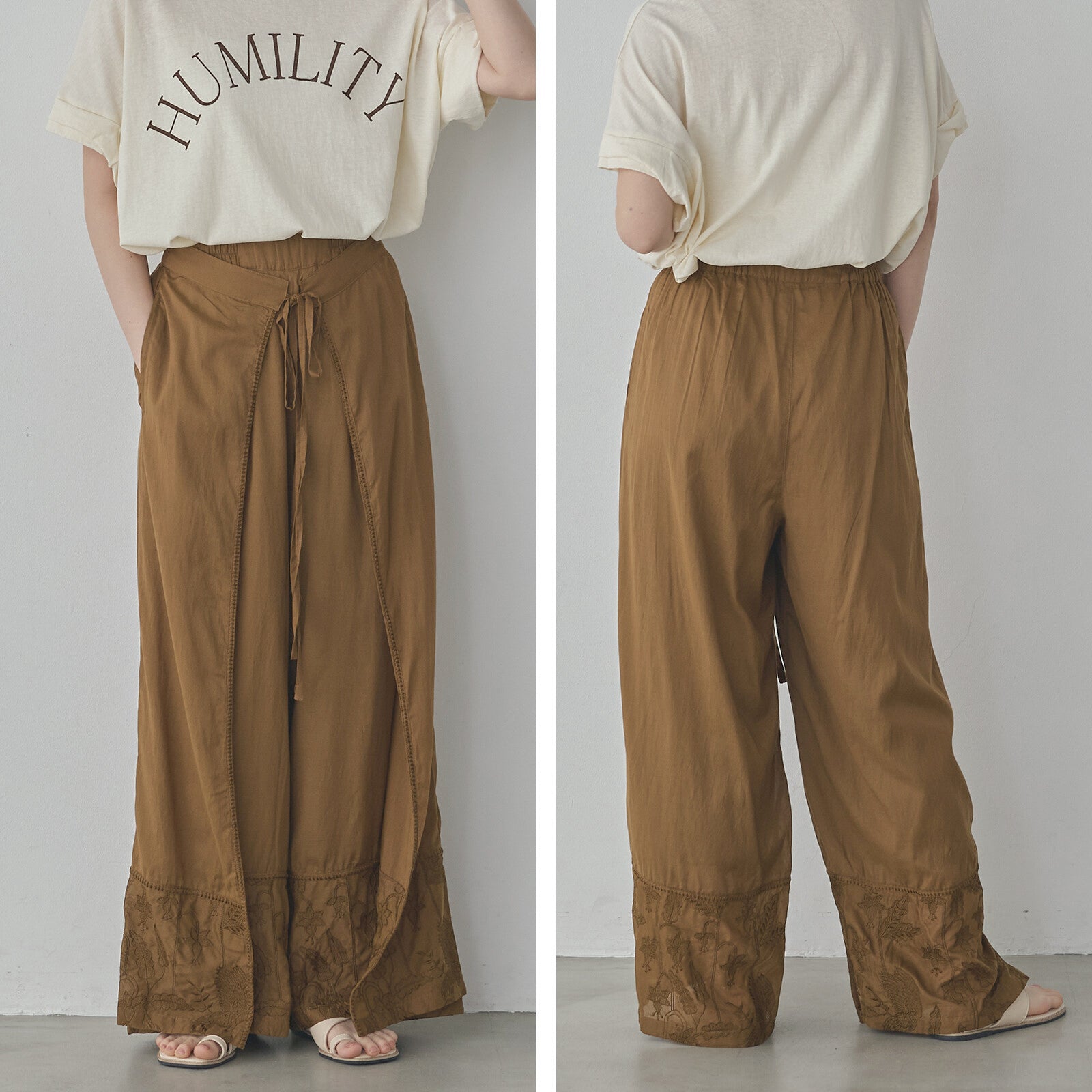 刺繡下擺裹身褲 khaki