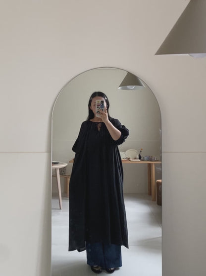 綁帶澎袖洋裝 黑